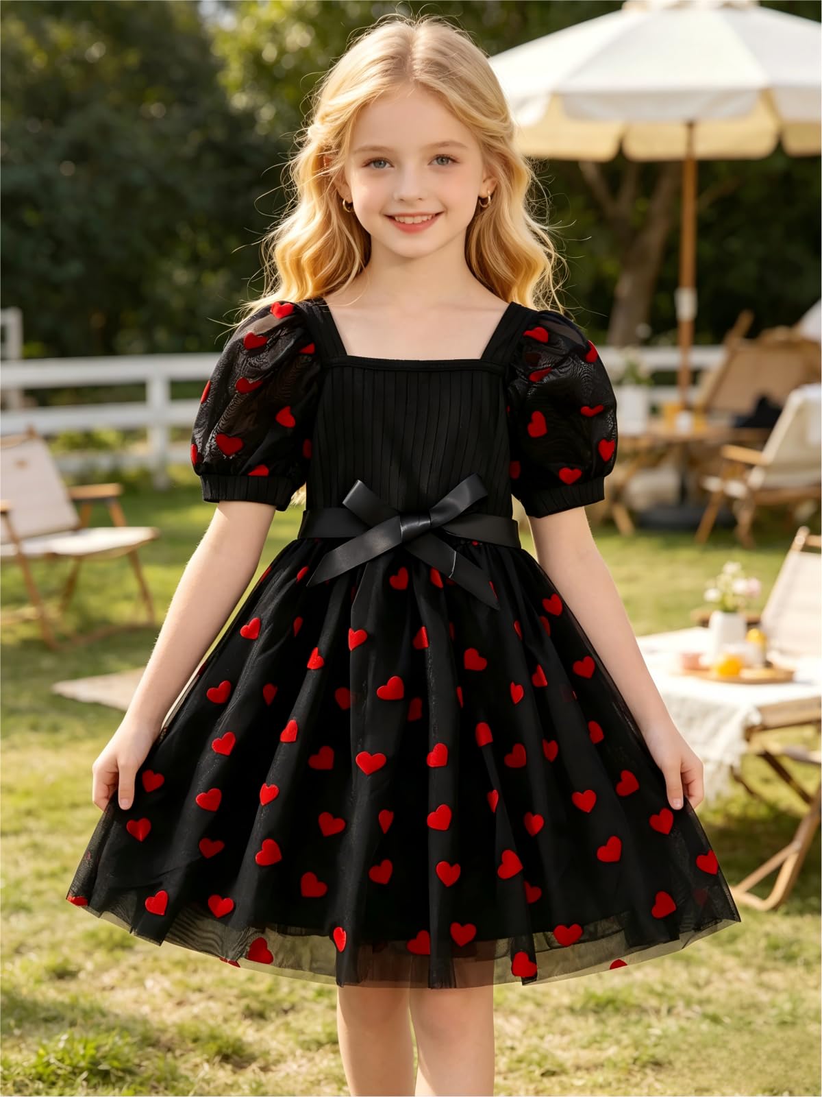 Girls Dresses Square Neck Puff Sleeve Tulle Heart Print A-Line Dress with Bow Be