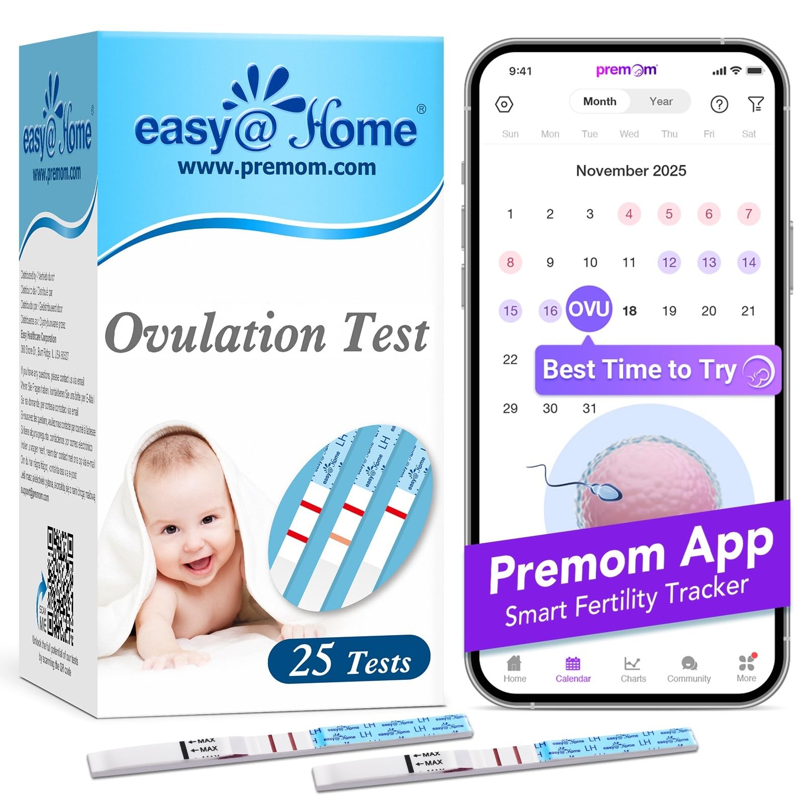 Easy@Home Ovulation Test Strips 25 Pack, LH Test Kit Powered by Premom App | Ovu