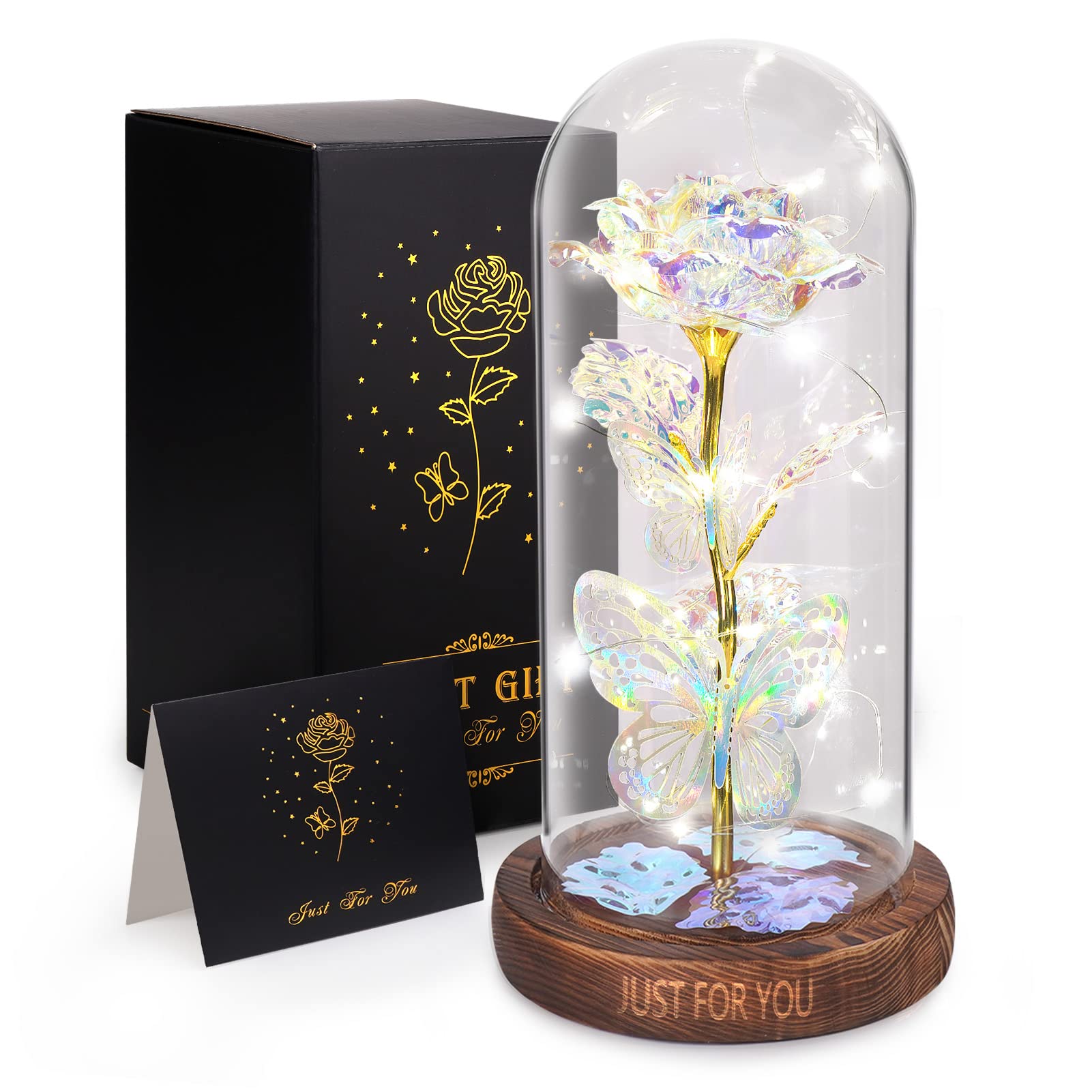 WOKEISE Light Up Rose Butterfly in Glass Dome, Mothers Day Rose Gifts for Mom, B
