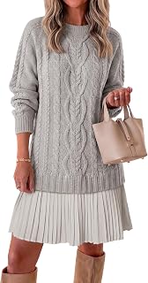 Saodimallsu Womens Cable Knit Sweater Dress Patchwork Pleated Long Sleeve Crewneck Fall Chunky Preppy Mini Dresses