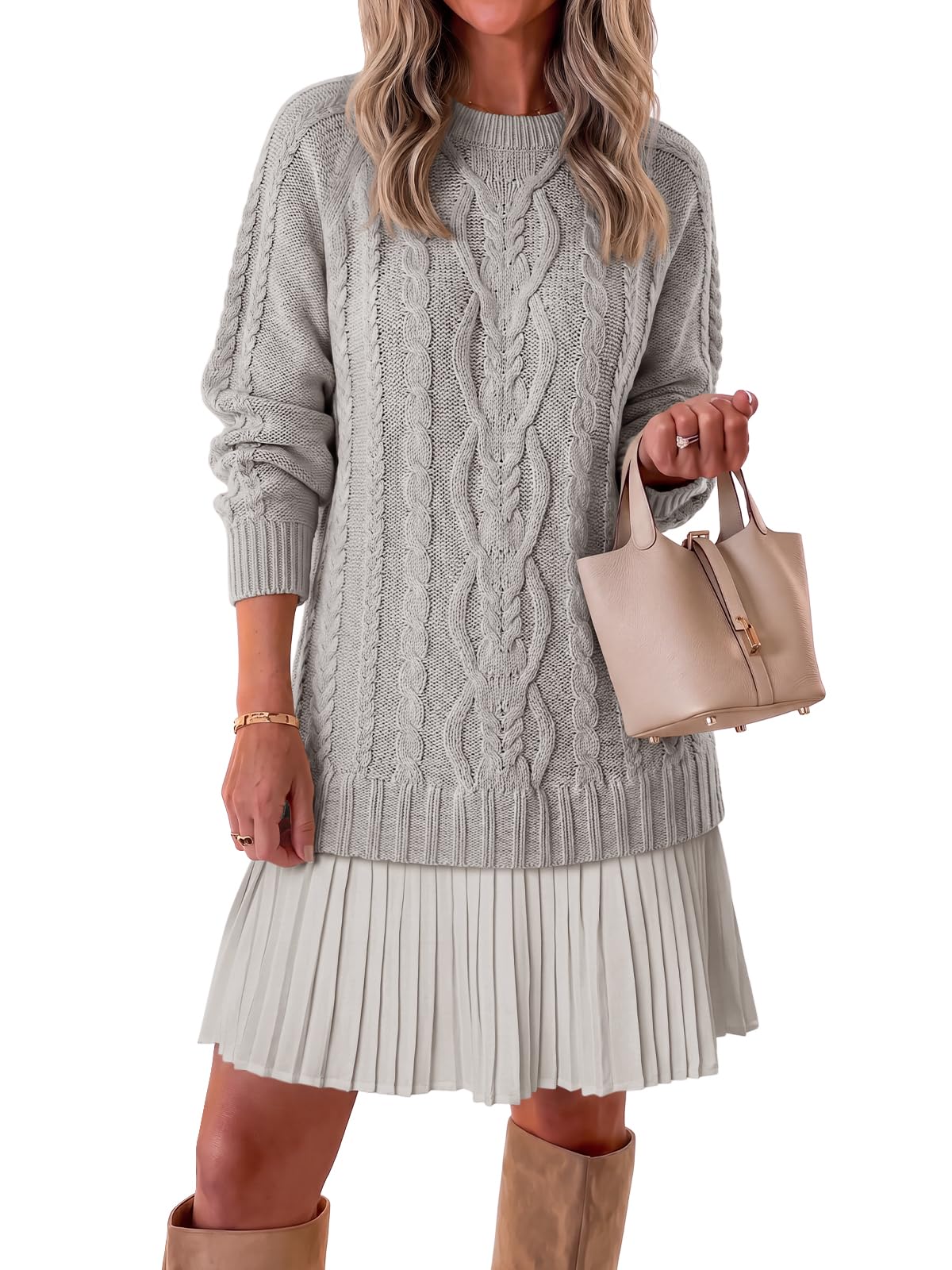 Saodimallsu Womens Cable Knit Sweater Dress Patchwork Pleated Long Sleeve Crewne