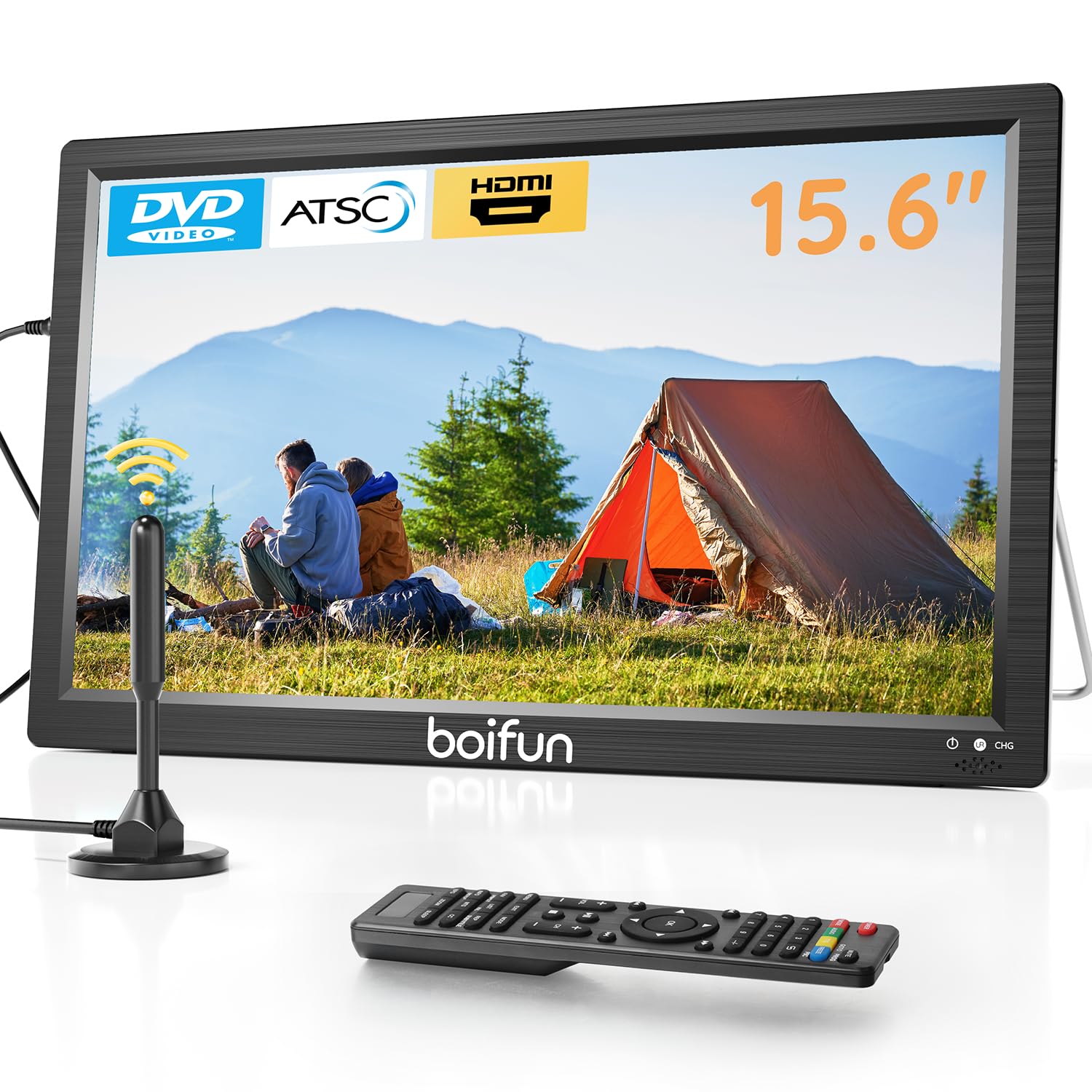 Boifun 15.6" Portable TV with Antenna, DVD Player Built-in, FM Radio, 5000mAh Ba