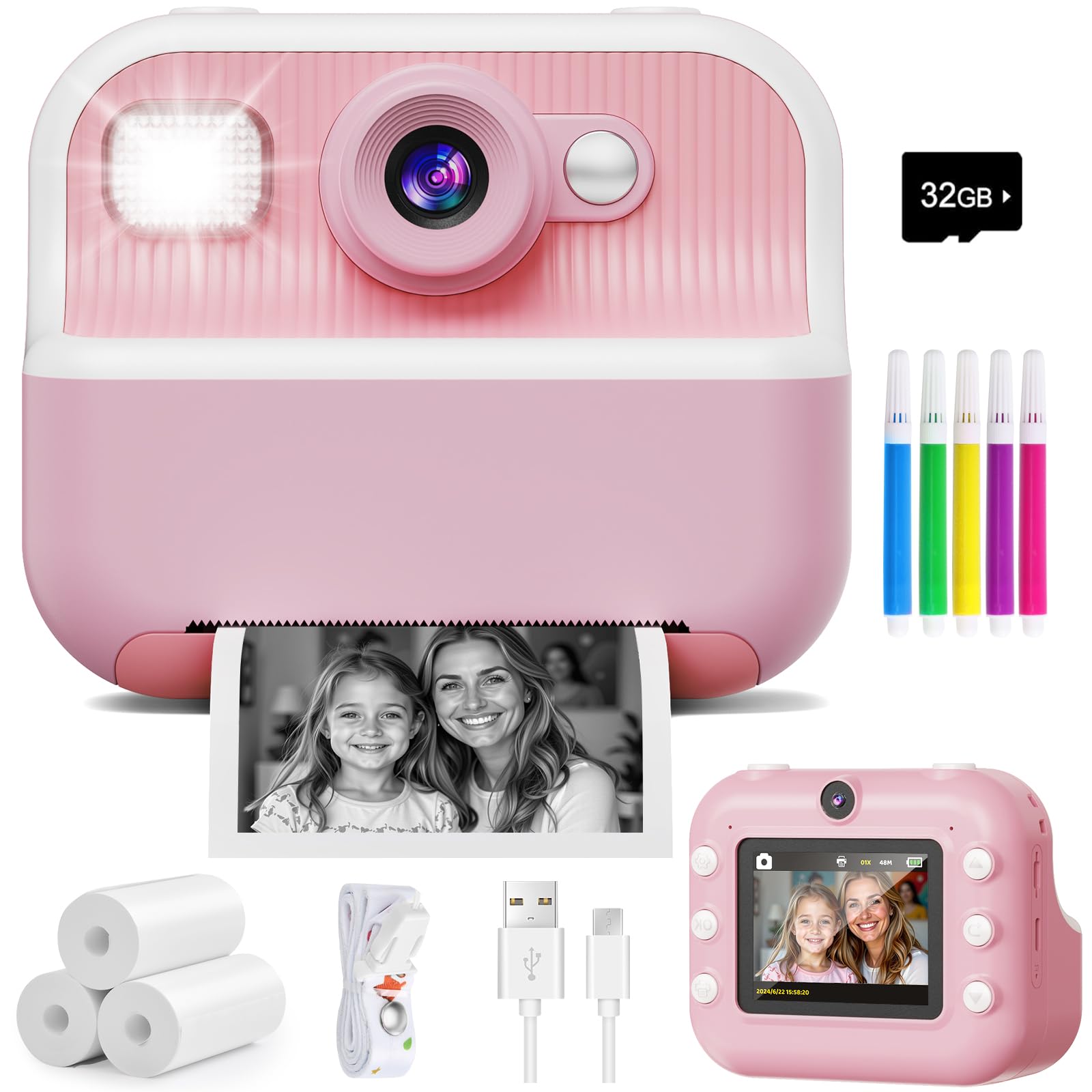 Instant Camera, Front Rear Dual Selfie Kids Camera with 1080P Videos, Holiday Bi