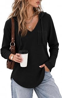 Cuptacc Hoodies For Women Uk Waffle V Neck With Drawstring Long Sleeve