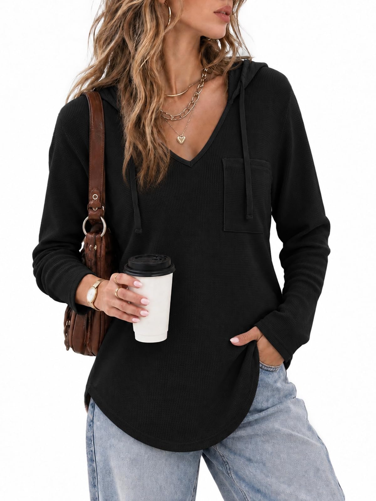 Cuptacc Hoodies For Women Uk Waffle V Neck With Drawstring Long Sleeve