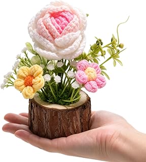 Hand Crochet Knitted Potted Rose Bouquet Creative Knitted Potted Plant mini Cute Home Desktop Decorations and Gifts for Friends, Lovers, classmates (Pink Roses 01)