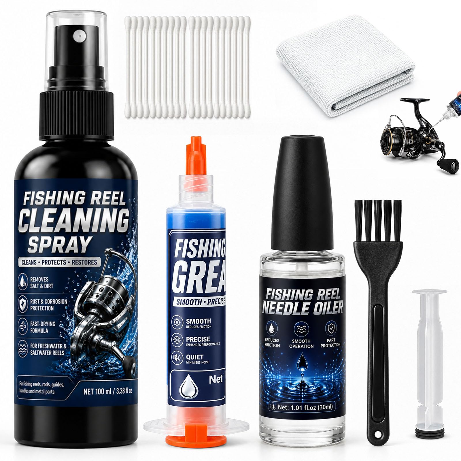 Fishing Reel Care Set, Oil and Grease with Cleaning Spray, Oil and Grease, Remov