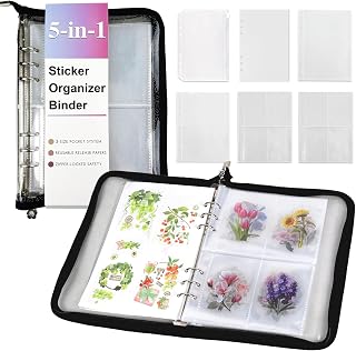 Eastvio 5-in-1 Sticker Organizer Book Reusable A5 Storage Binder with 220 Pockets,10 Release Papers, Zipper Album Sticker Collecting Display Keeper (Black)