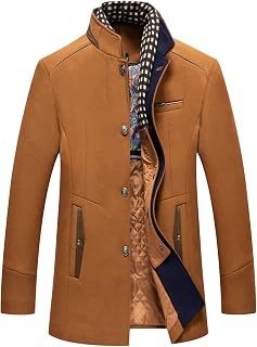 chouyatou Men's Gentle Band Collar Single Breasted Wool Blend Pea Coat
