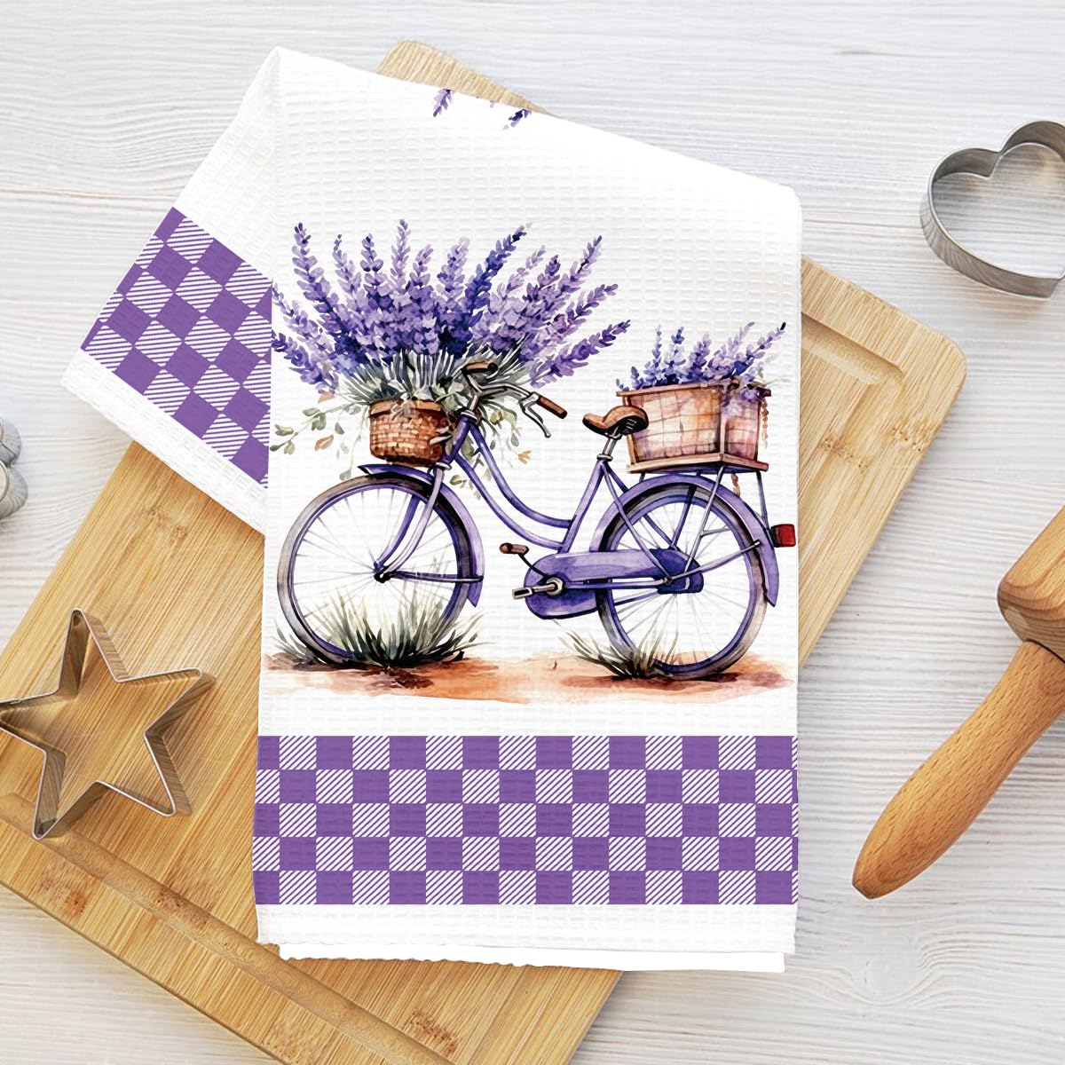 Kitchen Tea Towels, Lavender and Bike Vintage Tea Towels, Kitchen Dish Towels, D
