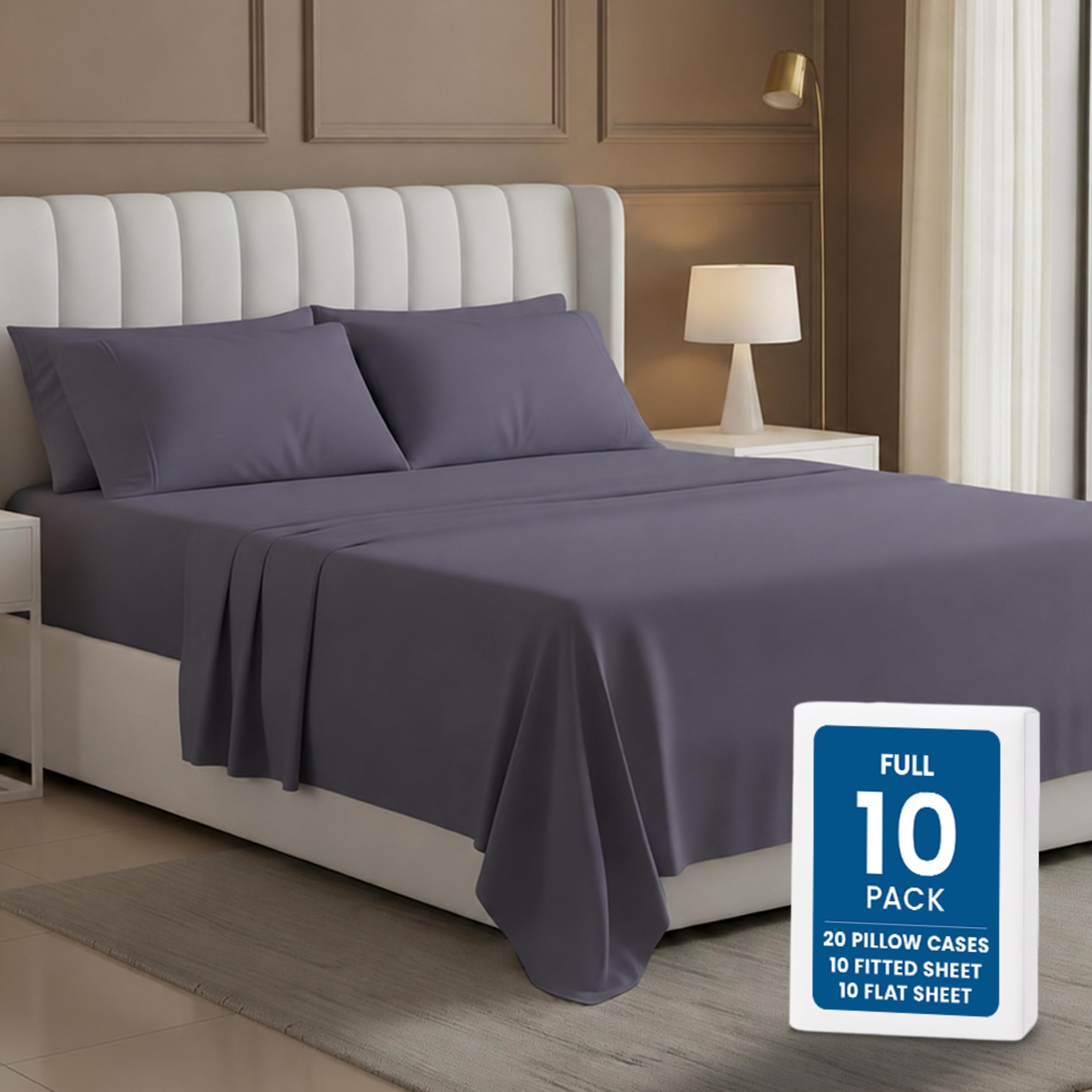 Bulk 10-Pack Full Size Sheet Set, 4pc Set For Hotel, Resort & Motel, Grey