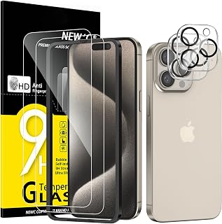 NEW'C Pack of 4, 2 x Tempered Glass Screen Protector for iPhone 15 Pro Max (6.7"), 2 x Camera Tempered Glass for Camera Protection, Anti-Scratch, Bubble-Free, Extremely Durable 9H Hardness Glass