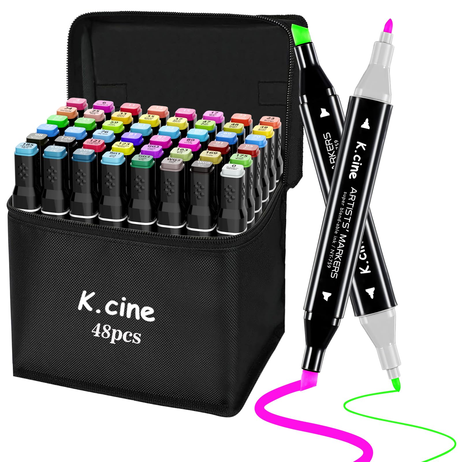 K.CINE 48 Colors Alcohol Markers, Dual Tip Art Markers with Fine Tip &amp; Chise