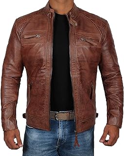 Decrum Mens Leather Jacket - Real Lambskin Cafe Racer Motorcycle Style Leather Jackets for Men