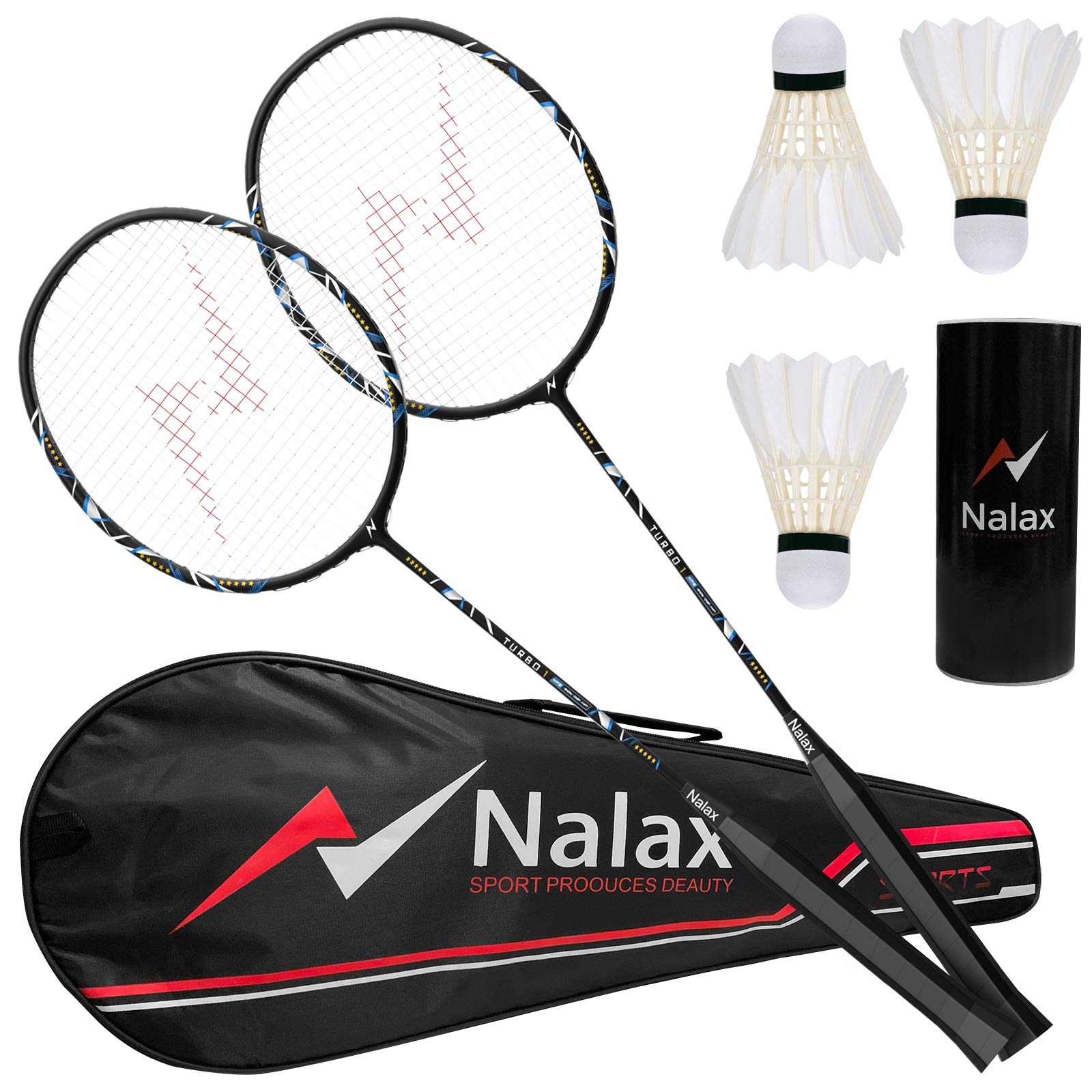 Nalax Badminton Set for 2 Players, Carbon Fibre Badminton Rackets with 3 Shuttle