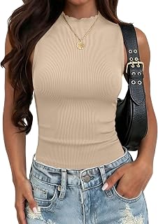 Zeagoo Camiseta sin mangas para mujer, cuello alto falso, acanalada, ribete de lechuga, básica, ajustada, ropa casual de verano 2026