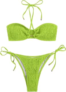 Women's 2 Pieces Smocked Halter Bikini Set Tie Side High Cut Swimsuit Beachwear
