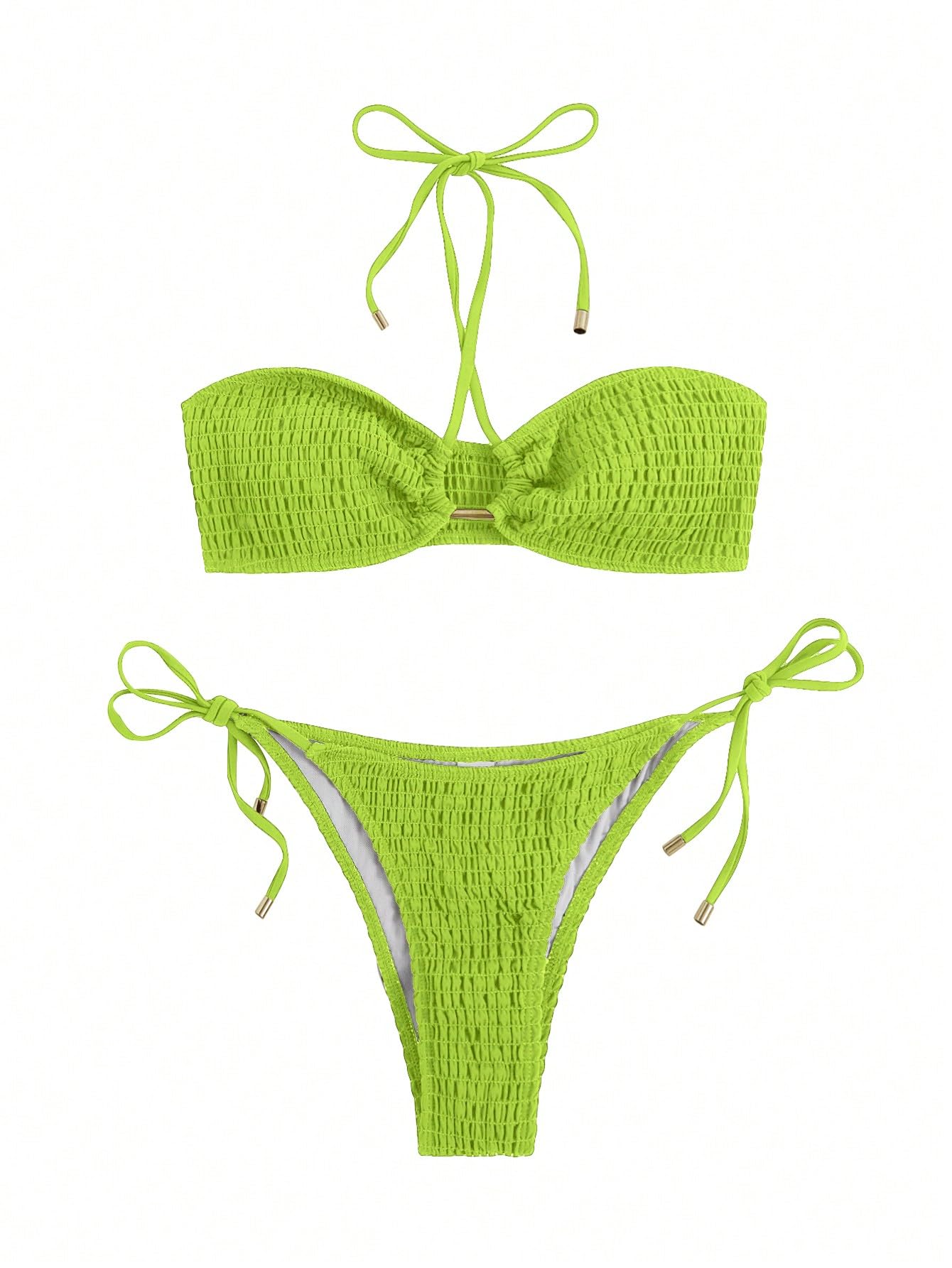 Women's 2 Pieces Smocked Halter Bikini Set Tie Side High Cut Swimsuit Beachwear