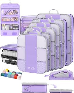 OlarHike 10 Set Compression Packing Cubes for Travel Essentials,Compressible Expandable Space Saver Bags for Organizing Clothes,Luggage Garment Bags with Over 1000 pcs Mesh Holes(Light Purple)