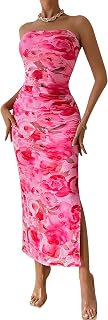 PRETTYGARDEN Summer Wedding Guest Dress for Women Strapless Maxi Bodycon Long Floral Mesh Beach Holiday Party Dress