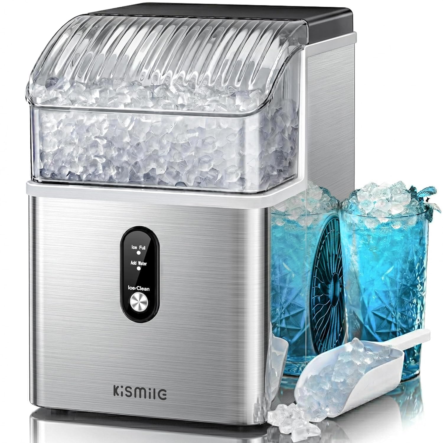 Kismile Nugget Ice Maker Countertop, 35 lbs/Day, Stainless Steel | Portable Soni