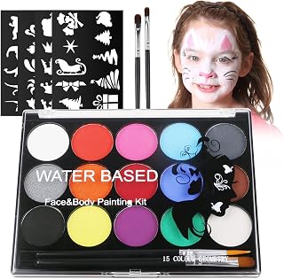 URAQT Face Paint, 15 Color Face Painting Palette with 2 Brushes 32 Stencils | Washable Face Paints, Safe Non-Toxic, Body Paint for Adults Kids Halloween Carnival, Makeup Paint