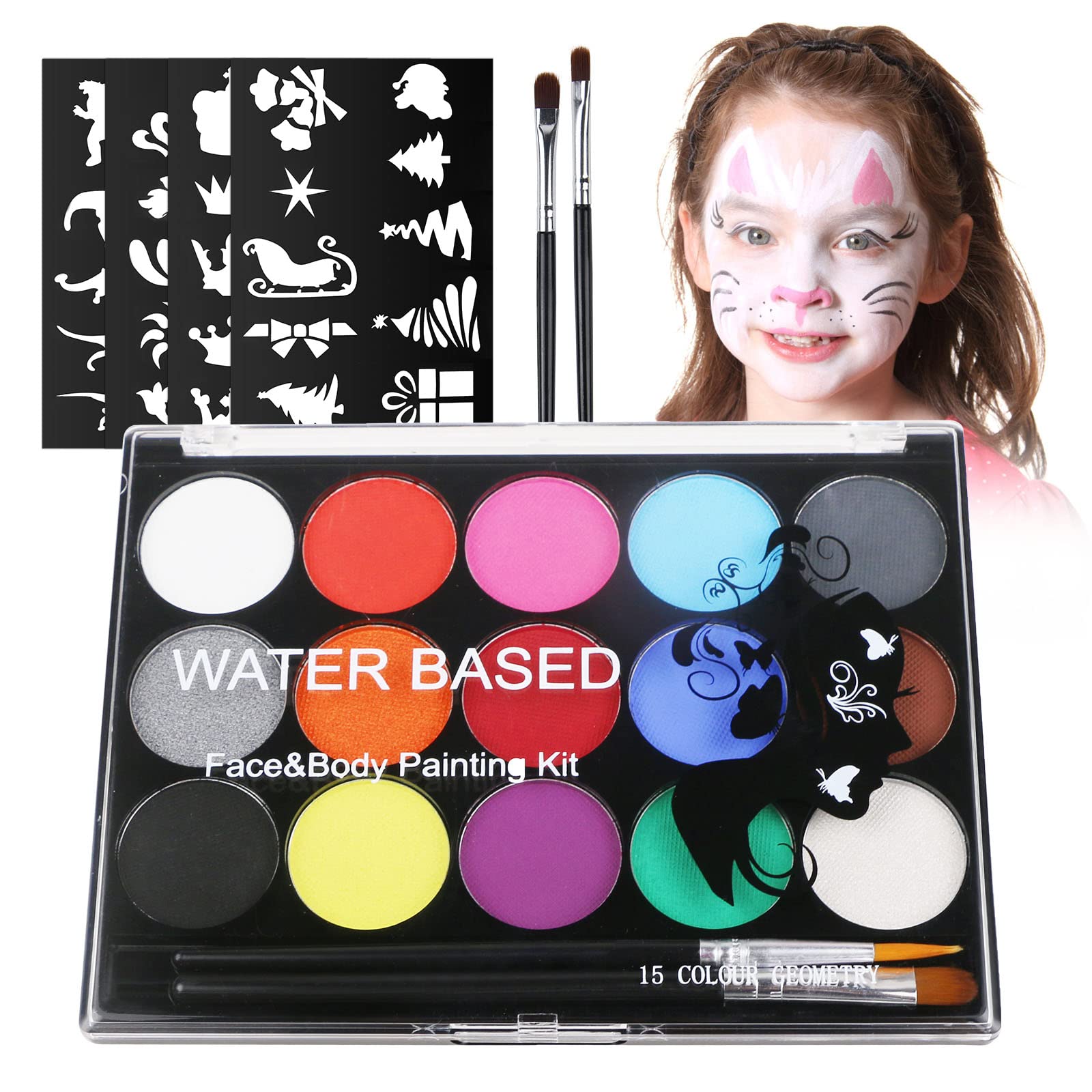 URAQT Face Paint, 15 Color Face Painting Palette with 2 Brushes 32 Stencils | Wa