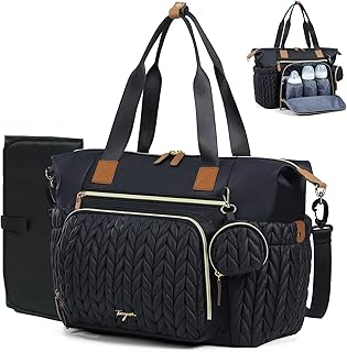 Tonyeee Diaper Bag Tote, Large Baby Hospital Bag for Labor Delivery Mom | Travel Diaper Tote with Changing Pad, Pacifier Case, Insulated Pockets, Luggage Sleeve, Shoulder Strap, Quilted Black