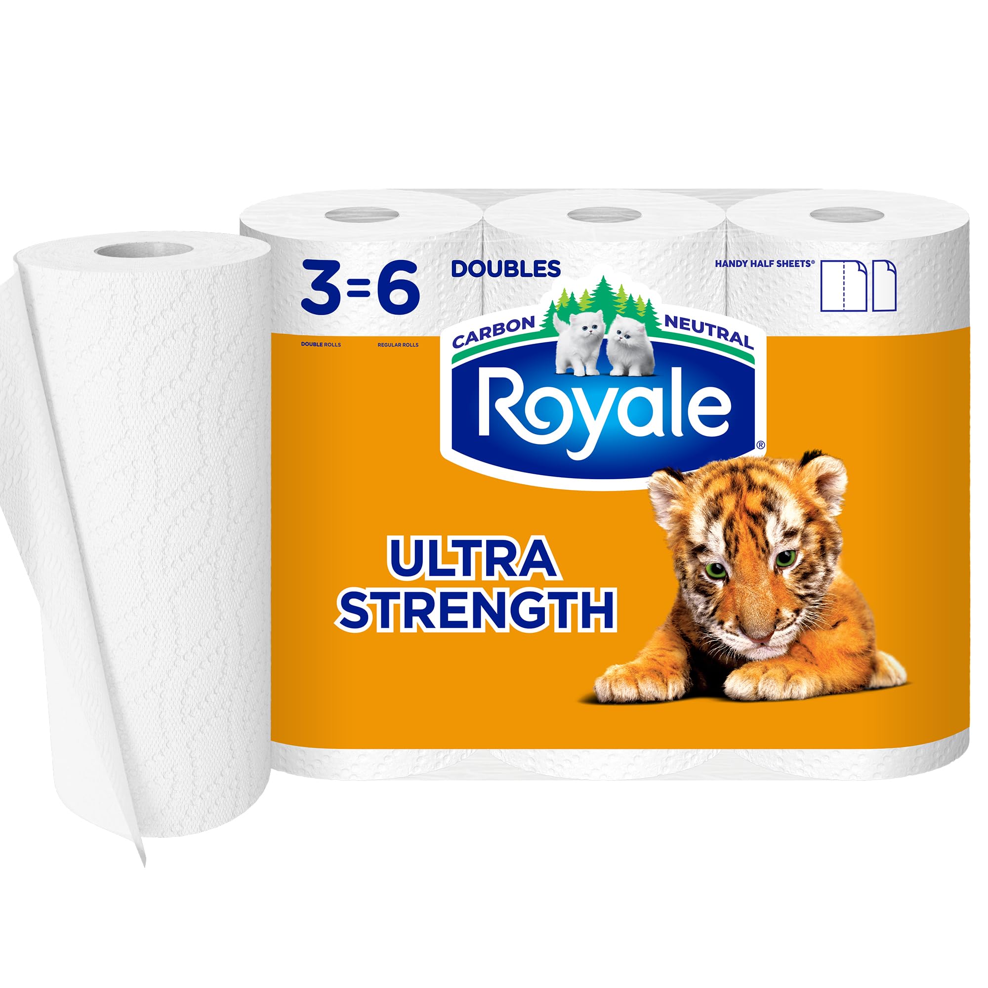 Royale Tiger Strong Paper Towel, 3 Double Equal 6 Rolls, 98 Half Sheets per Roll