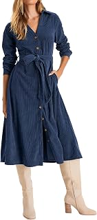 R.Vivimos Womens Fall Winter Corduroy Midi Dress Long Sleeve V Neck Button Down Belted Flowy Shirt Dress with Pockets