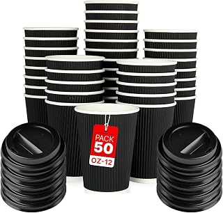 Zuvo Paper Coffee Cups with Lids 12oz, Disposable Ripple Black, 50 Pack | Lids included, triple wall ripple construction, black ripple paper, for tea, coffee, cappuccino and hot chocolate