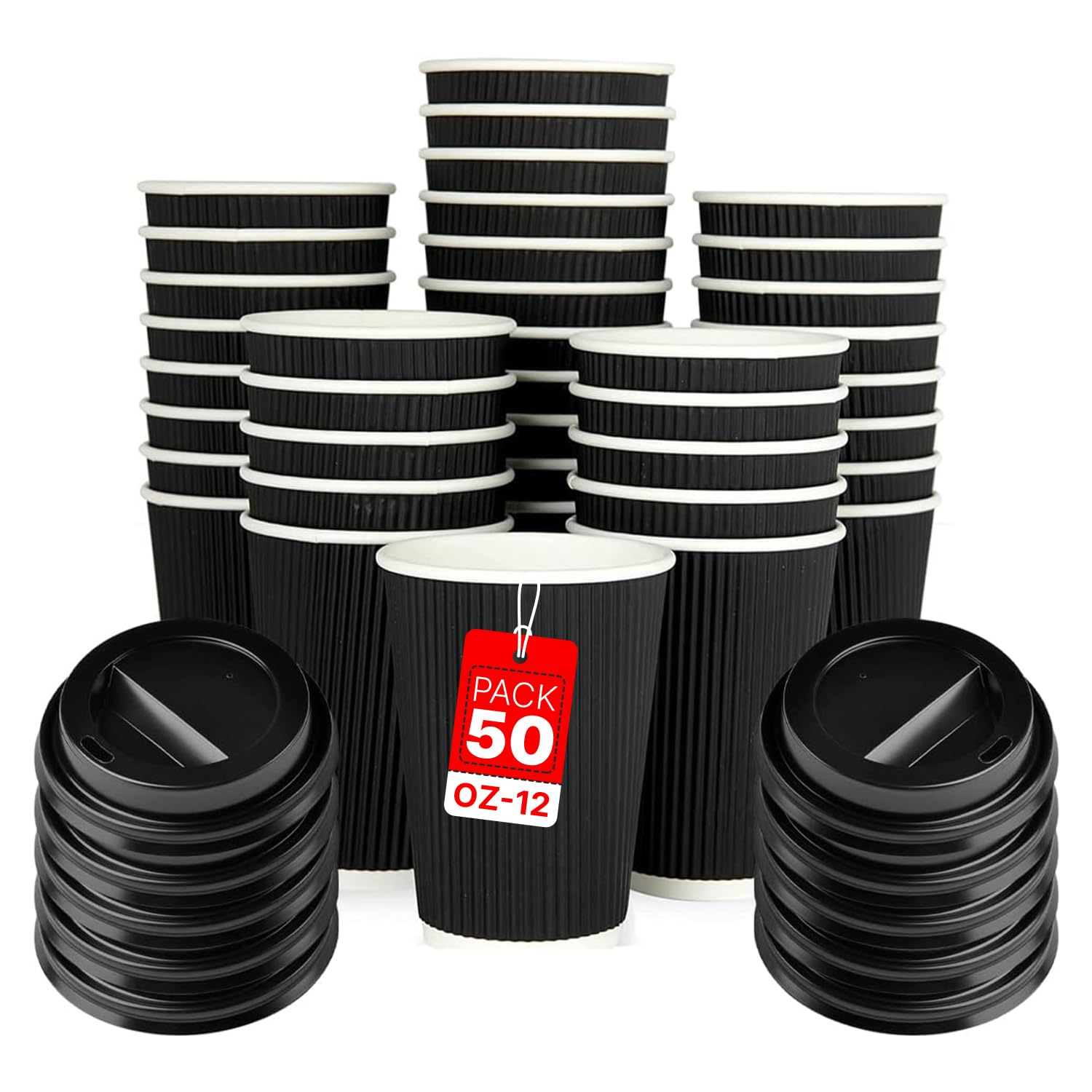 Zuvo Paper Coffee Cups with Lids 12oz, Disposable Ripple Black, 50 Pack | Lids i