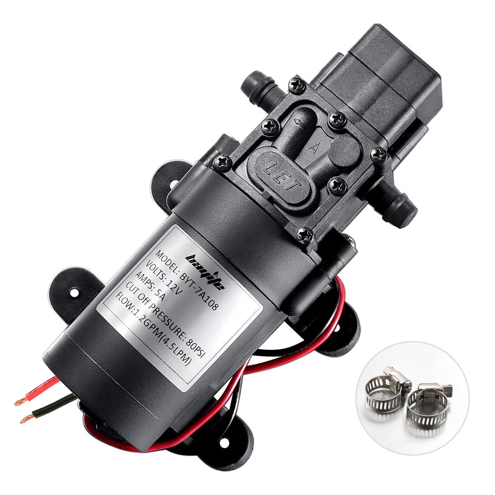 bayite 12V DC Water Transfer Pump 4.5 L/Min 1.2 GPM 80 PSI | with 2 Hose Clamps,