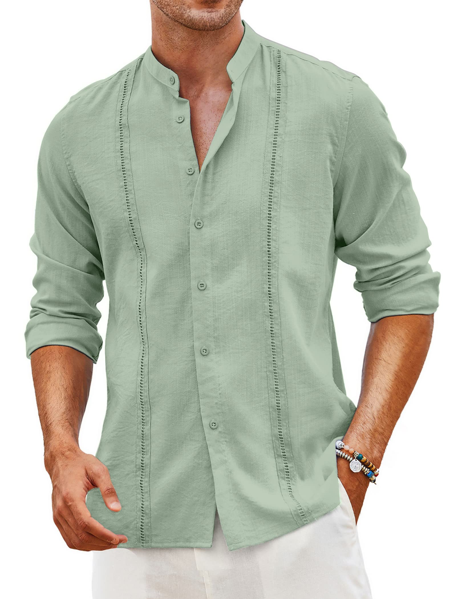 Coofandy Cuban Men's Shirts Guayabera Casual Long Sleeve Button Shirts Bandeau C