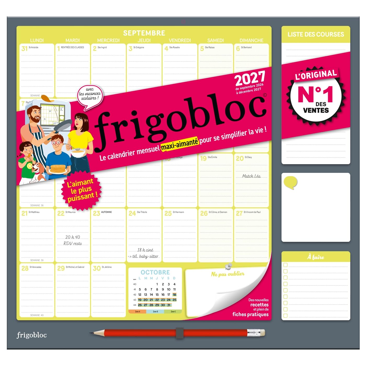 Frigobloc Mensuel 2027 - Calendrier organiseur familial (de sept. 2026 à déc. 20