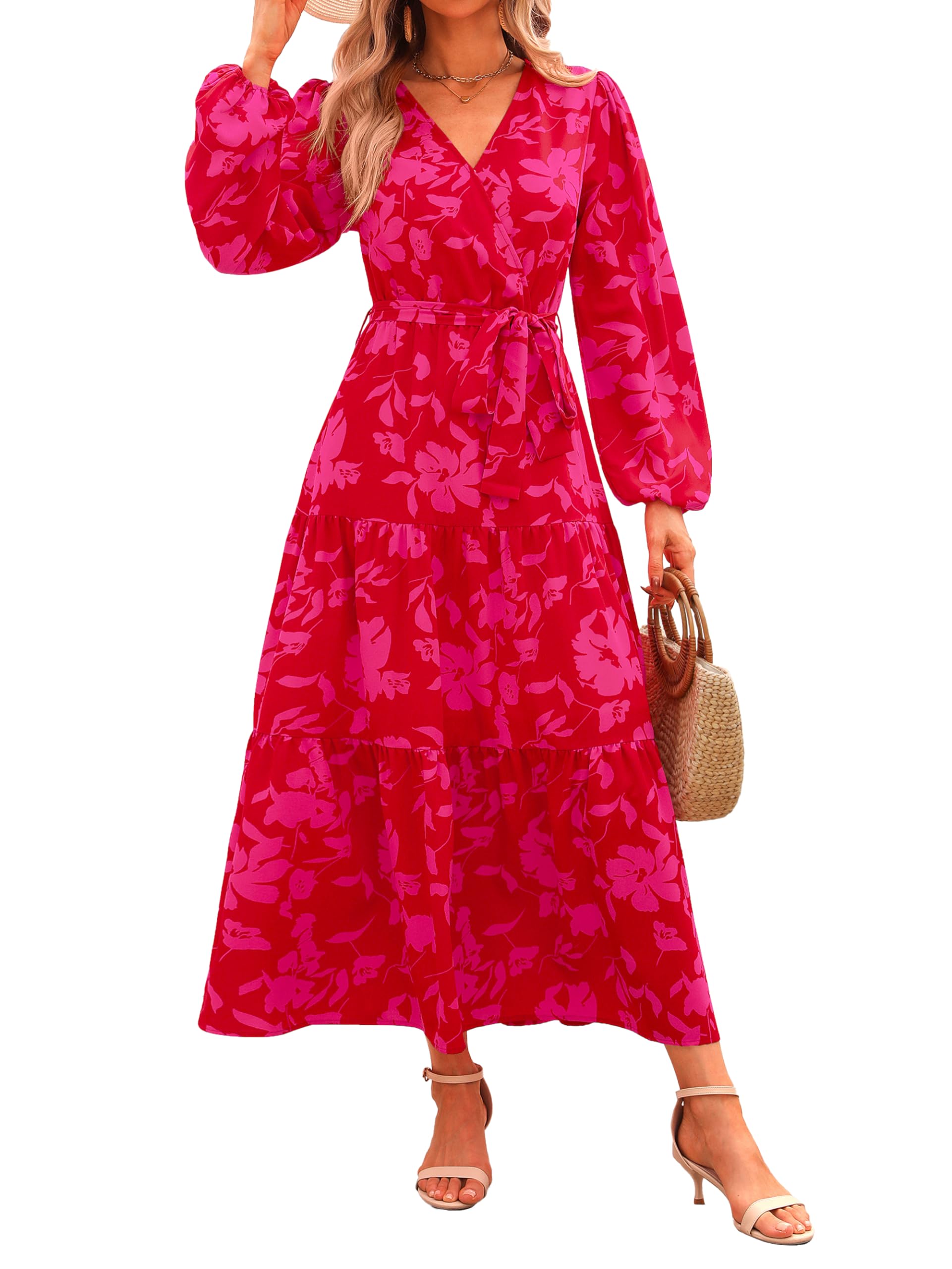 PRETTYGARDEN Womens Long Sleeve Boho Floral Wrap Maxi Dress