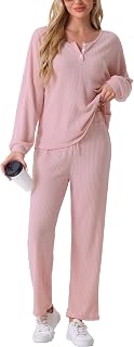 Women's Pajama Set Waffle Knit Lounge Long Sleeve 2 Piece Pajama Set Sweat Suit Outfit