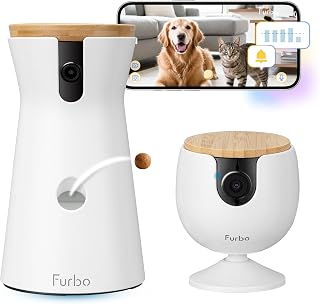 Furbo Mini (Non-Rotating Model) + Dog Camera with 360° View, Premium Flat Package (Subsct Essentials) Small Pet Camera, Fabo, Dog, Cat, Smartphone Compatible, Home Use, Wall Mount, Two-Way Conversation, Wifi, Pop-up Snacks, Automatic Feeder, iPhone android, Color Night Vision