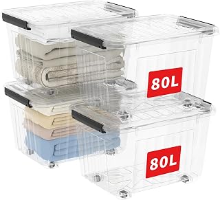 Cetomo 80 L x 4 Storage Boxes, Groove Reinforced Plastic Boxes with Wheels & Lids, Stackable Storage Box, Organiser Boxes for Home and Office, PP, Transparent, 80 L (Pack of 4)