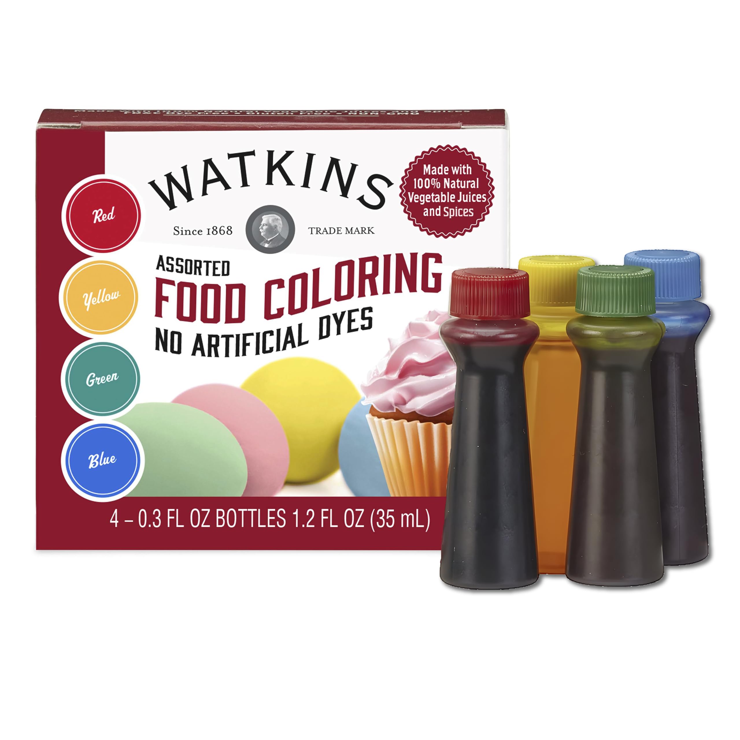 Watkins Assorted Food Coloring, 1 Each Red, Yellow, Green, Blue, Total Four 0.3 