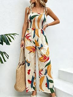 Women's Sleeveless Ruched Bodice Wide Leg Jumpsuit Tropical Bird of Paradise Print with Pockets