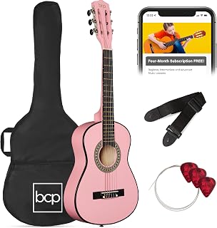 Best Choice Products 30in Kids Acoustic Guitar, All-in-One Beginner Starter Kit w/Strap, Case, Extra Strings, Rosette Inlay - Pink