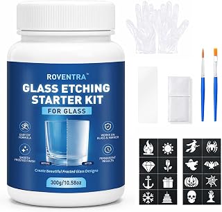 Glass Etching Cream Kit, Create Permanent Matte Frosted GlassDesigns, Long-Lasting Etching Supplies with Stencils, Gloves &amp;Scraper for Glasses, Mugs, Jars, Mirrors DIY Crafts(10.58oz-PatternSet)