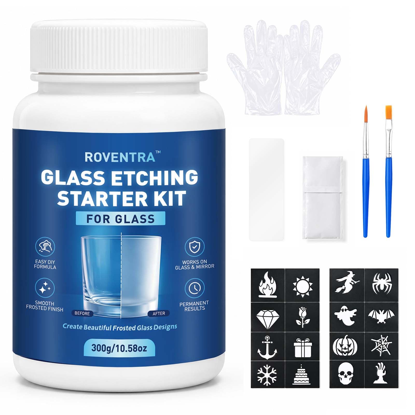 Glass Etching Cream Kit, Create Permanent Matte Frosted Glass Designs, Long-Last