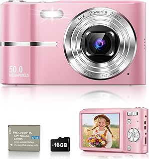 EJXHKNF Digital Camera, 1080P FHD Vlogging Camera 50MP Compact Portable Photo Camera with 2.4" Screen, 16X Digital Zoom Mini Small Pocket Camera for Kids Students with 1 Battery, 16GB Card (Pink)