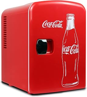 Coca-Cola 4L Mini Fridge, 6 Can, Classic Bottle Design, Red | 110V AC + 12V DC, Cools 32°F Below Ambient, Removable Shelf, Self-Locking Door, Inset Carry Handle