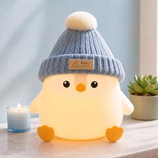 FAMIDUO Penguin Night Light for Kids, Silicone Nursery Lamp with Knit Hat