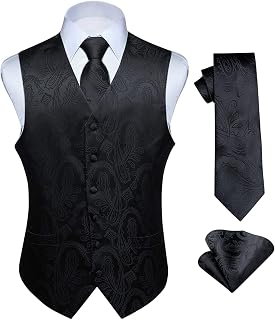 Hisdern Men's Floral Wedding Waistcoat, Tie and Handkerchief Set, Jacquard Waistcoat Suit Set