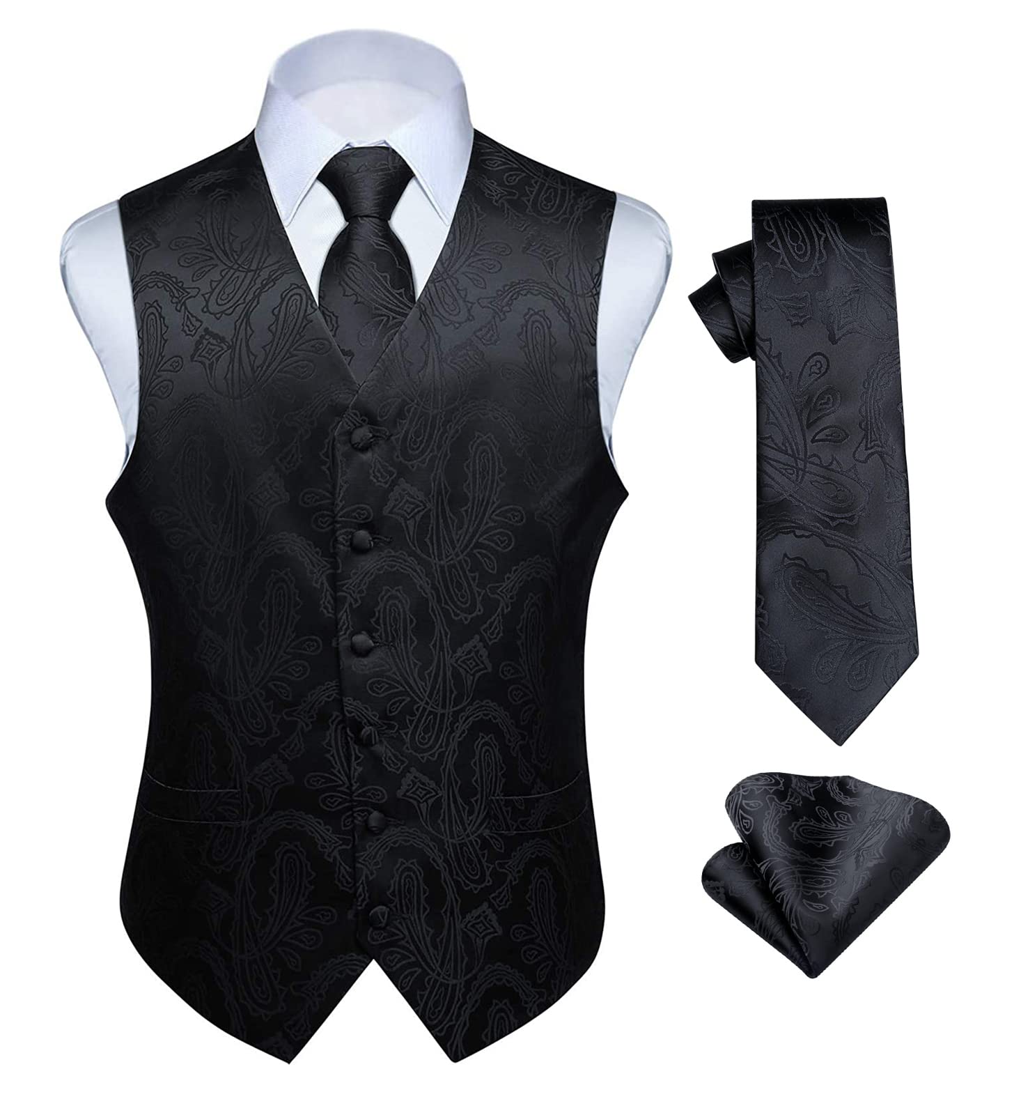 Hisdern Men's Floral Wedding Waistcoat, Tie and Handkerchief Set, Jacquard Waist