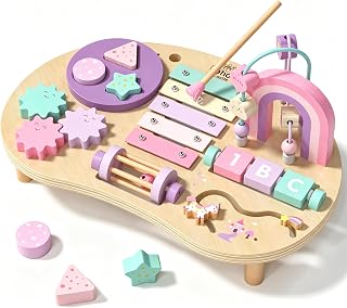 Lehoo Castle Wooden Montessori Activity Table for 1-3 Year Old Girls | 7-in-1 Toddler Sensory Toy with Busy Board, Bead Maze, Shape Sorter, Xylophone, Removable legs, 1st Birthday Gift